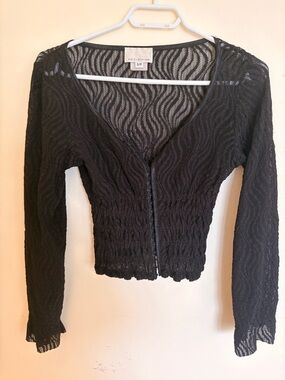 Xhilaration Black Sheer Wave-Texture Snap-Front Top - Y2K